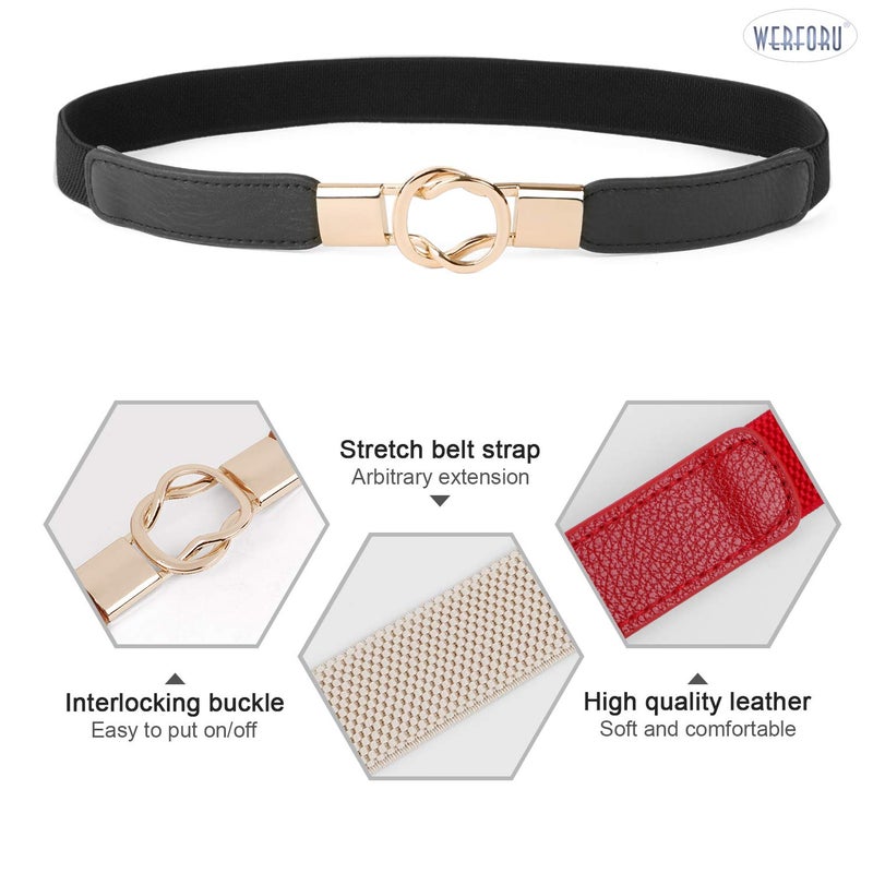 WERFORU Women Skinny Belt for Dresses Retro Stretch Waist Belt with Gold Buckle Set of 4,Black+Red+Blue+Beige - Image 2